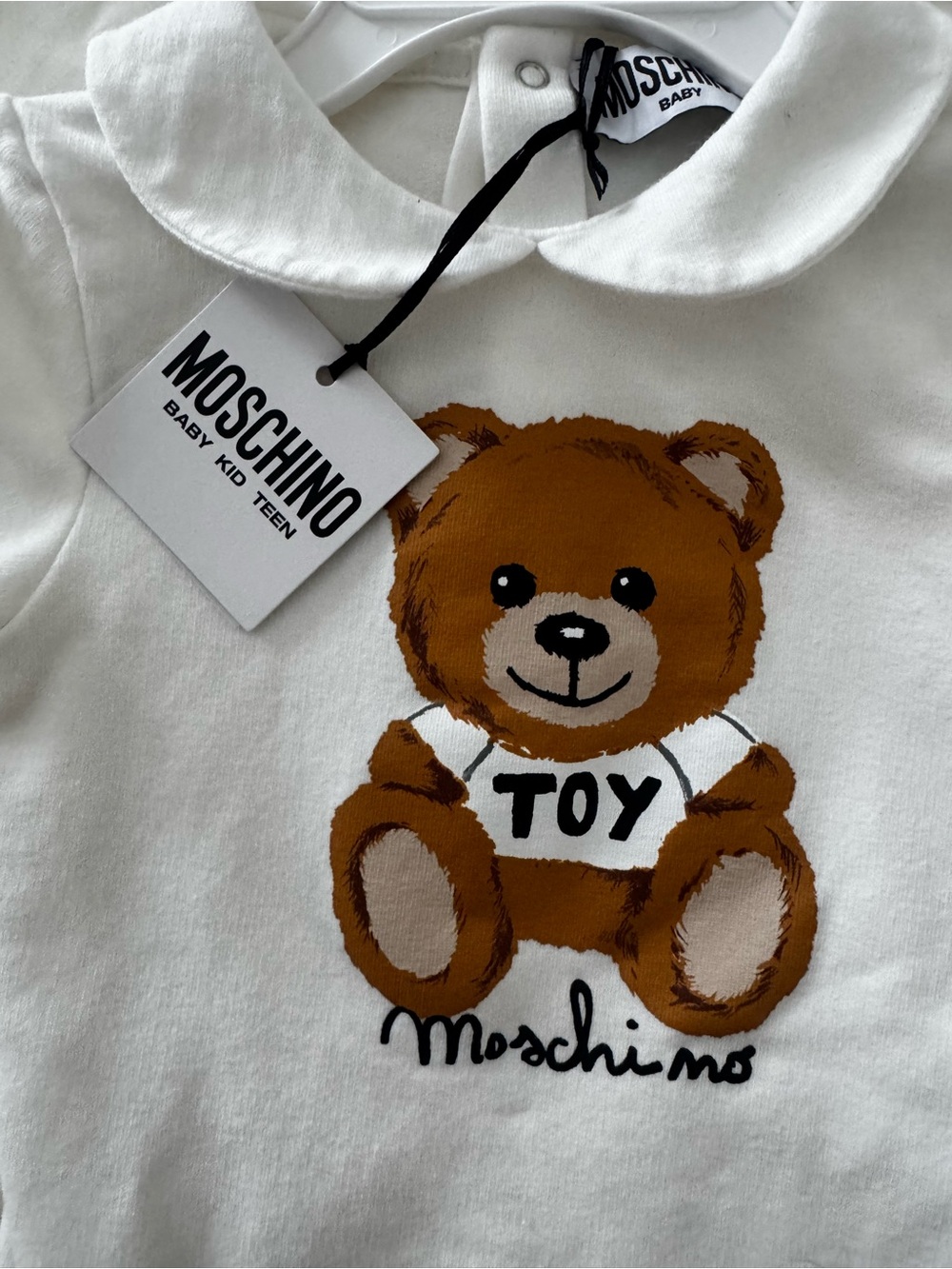 Moschino White Top with Brown Teddy 'TOY' Graphic